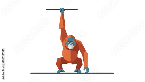 Geometric orangutan hangs from a bar, balancing. Stylized illustration on white background