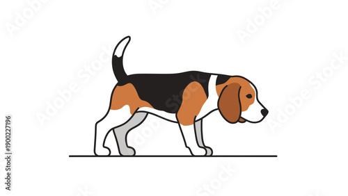 Minimalist illustration of a dog, side profile, with tri-color fur, walking on a line