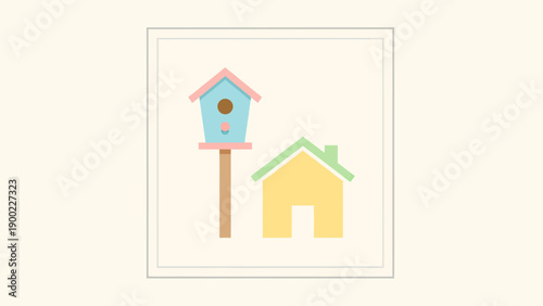 A stylized image features a birdhouse and a house illustration within a framed square