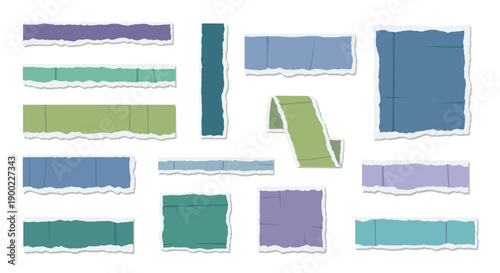 Assortment of torn paper pieces in muted, earthy tones of green, blue, and purple, featuring jagged edges and abstract