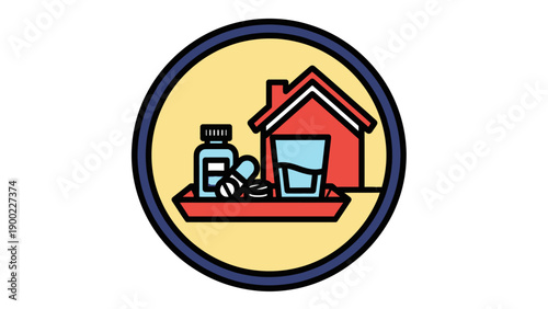 An icon of a home, pill bottle, pills, and water glass inside a circle