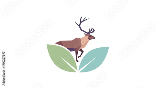 A geometric deer stands above stylized leaves on a white background