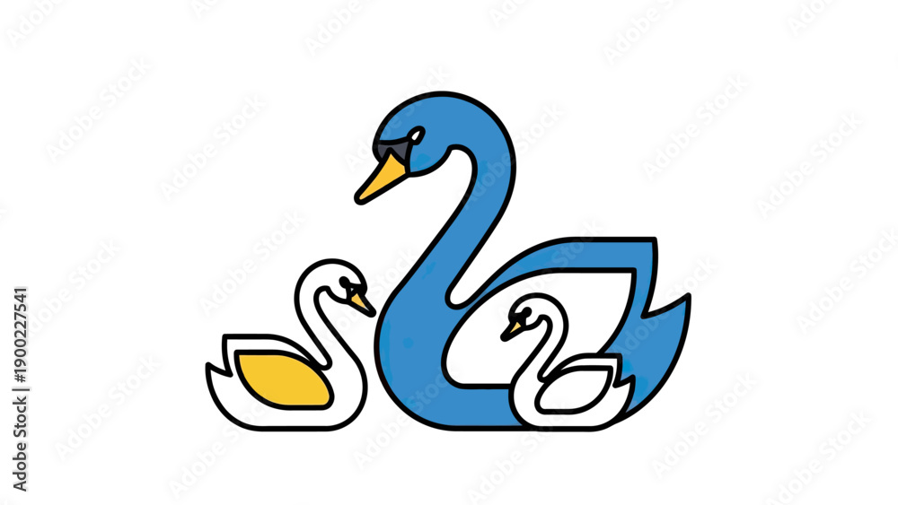 Fototapeta premium A cartoon illustration features a family of swans one large, two small, on white