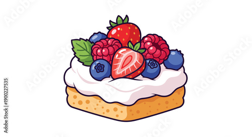 Appealing square cake topped with a lavish swirl of whipped cream and a delightful medley of fresh strawberries,