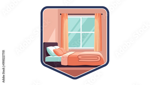 A bedroom interior illustration framed in a blue border, featuring a bed, window, and curtains