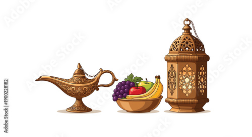 Elaborate golden magic lamp, fresh fruit bowl, and intricate carved wooden lantern, Middle Eastern ambiance
