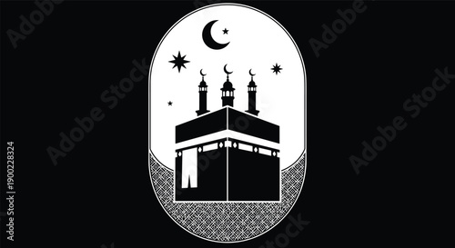 Kaaba Silhouette with Minarets, Crescent Moon, Stars, Islamic Sacred Architecture, Mecca Worship Site, Hajj, Eid, Religion, Culture, Faith