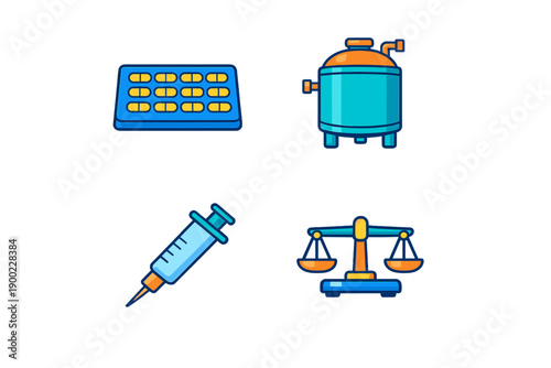 Medical tools and equipment are shown including a syringe, tablet container, gas cylinder, and scale for legal measurement