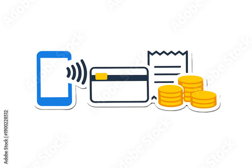 Mobile payment system shows a phone connecting with a credit card next to coins and a receipt on a white background