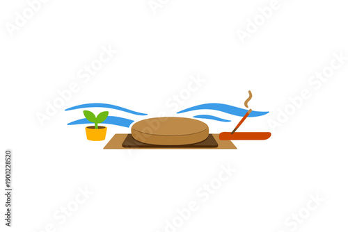 Simple round table with a plant and an incense stick placed on a mat with blue waves in the background