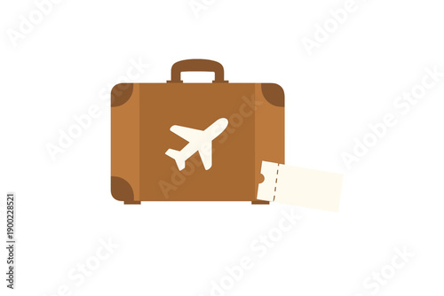 Brown suitcase with an airplane logo and a ticket tag ready for travel in a graphic style