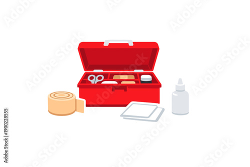 First aid kit located on a plain background with various supplies for treating minor injuries