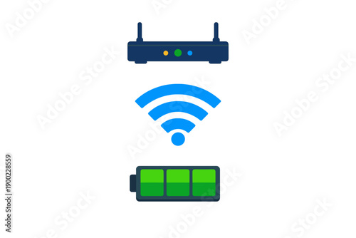 Wireless router and battery icons with Wi-Fi signal shown below in a simple design on a light background in a tech setting
