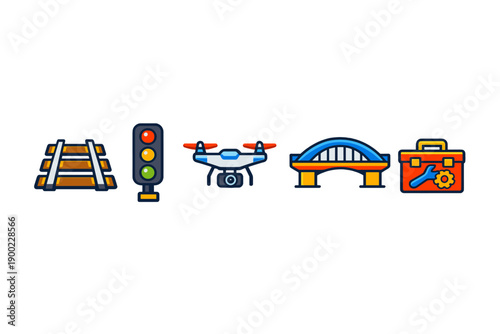 Icons show different elements of transportation, traffic signals, drones, and tools for bridge construction and repair, likely representing infrastructure themes or projects