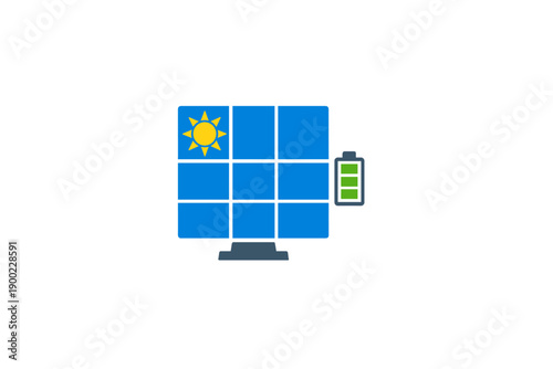 Illustration of a solar panel with sun and battery showing the process of solar energy collection and storage for later use