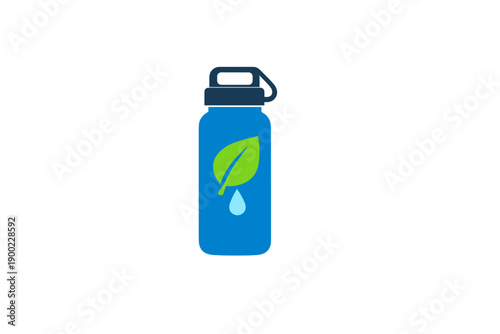 Water bottle with a green leaf design on a blue background shows eco-friendly product design for sustainable living