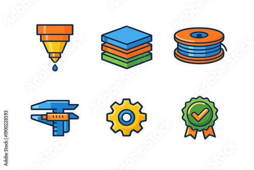 Different tools and materials used in a workshop showing a 3D printer, filaments, measuring tools, gears, and a quality seal for production standards