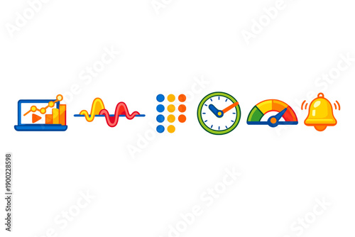 Digital icons show data analysis, statistics, and monitoring tools for business and project management at any time