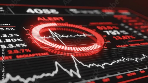 Close-up of a futuristic monitoring screen displaying a red earthquake alert. A circular gauge pulses with seismic wave activity amidst scrolling data and graphs, highlighting urgency.