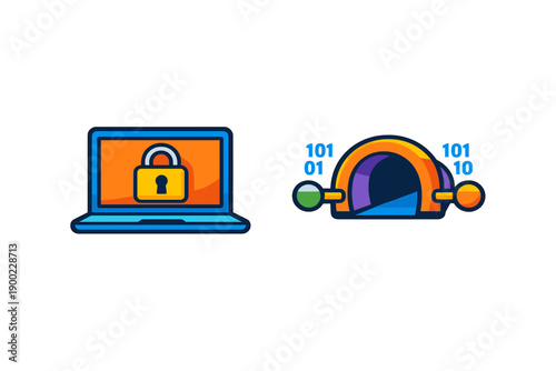 Design showing a laptop with a lock symbol next to a digital tunnel graphic representing data security and technology's role in protecting information