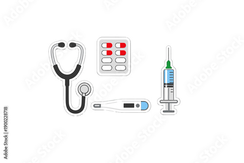 Medical tools and equipment are arranged on a flat surface for health-related activities and examinations in a clinic