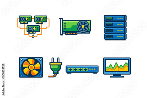 Different types of computer hardware and components arranged in a grid showing their functions and connections for data processing and cooling in a tech environment
