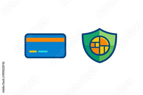 Digital payment options include a credit card and security shield symbol showing modern transaction technology on a simple background