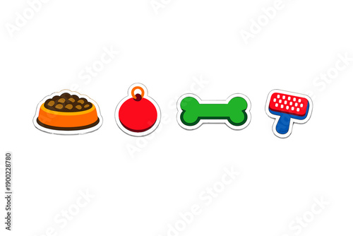 Different pet items arranged on a white background including a bowl of food, a toy, a bone, and a grooming tool for pets
