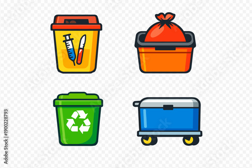 Different types of waste bins showing categories for garbage, recycling, and medical waste at a designated location for proper disposal