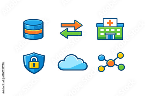 Icons show data exchange, hospital building, security shield, cloud storage, and network connections in technology and healthcare context