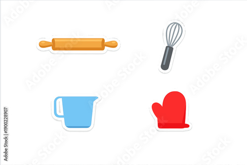 Baking tools arranged neatly on a white background showing a rolling pin, a whisk, a measuring cup, and an oven mitt at a cooking workspace
