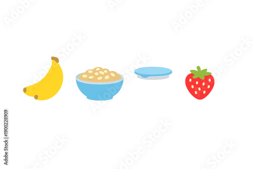 Fresh fruits and yogurt displayed together showing a healthy snack option with a banana, a bowl of oatmeal, yogurt container, and a strawberry