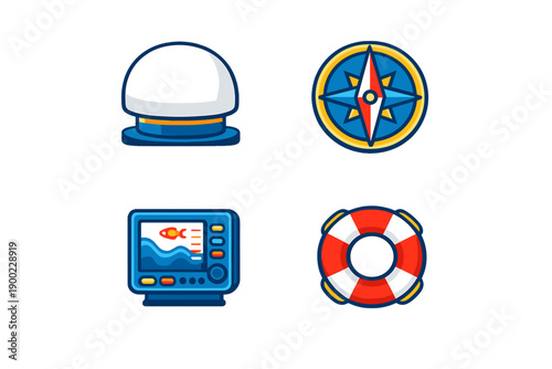 Collection of nautical symbols including a sailor hat, compass, marine monitor, and lifebuoy on a bright background