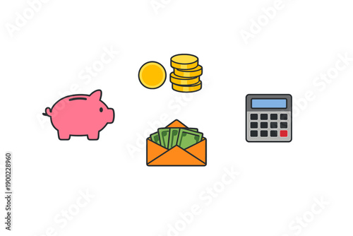 Exploring savings and budgeting with a piggy bank, coins, banknotes, and a calculator on a plain background