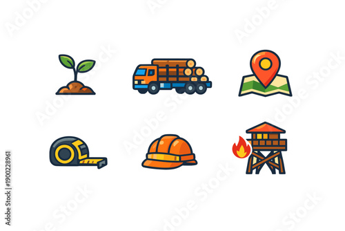 Icons showing different elements related to forestry and construction, including a plant, a truck, a location marker, measuring tape, a hard hat, and a watchtower, all in a simple design
