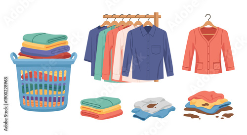 Assortment of clean folded laundry, clothes on hangers, and dirty garments illustrating household chores on white