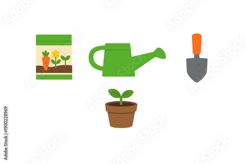 Gardening tools and supplies for planting flowers and vegetables during springtime in a home garden setup