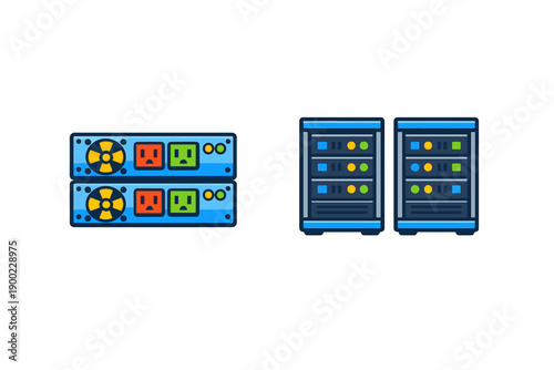 Two types of computer hardware showing power distribution units and server racks in a digital setup