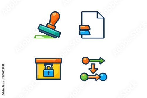 Various office tools and icons showing a stamp, document, locked box, and flowchart for business and administrative tasks
