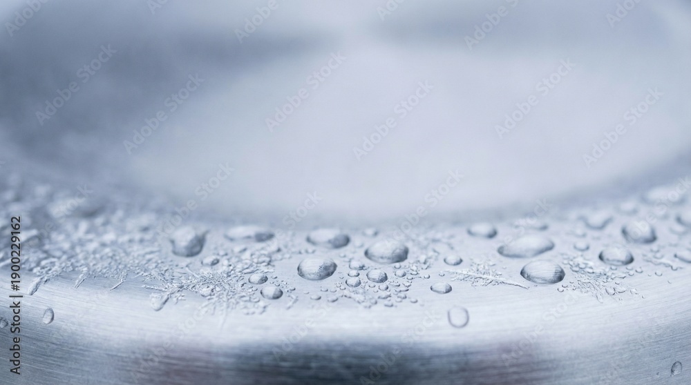 Obraz premium Macro photograph of dew droplets on a brushed metal surface, highlighting reflective textures, moisture patterns, and the calm cold ambiance of damp industrial metal.