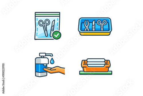 Surgical tools and hand sanitizer for medical procedures in a sterile environment, showing all elements needed for cleanliness and safety