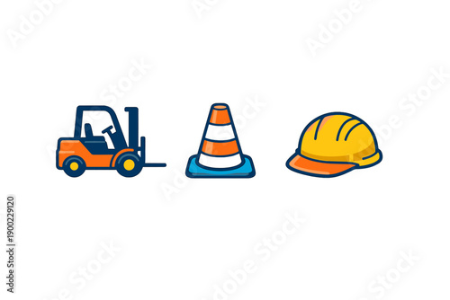 Construction site tools and safety gear are shown including a forklift, traffic cone, and hard hat in a work setting during the day