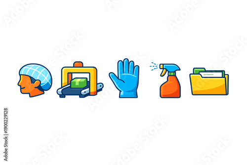 Different tools and items used in cleaning and organization during work hours in a shop or studio space in a simple and clear layout with various colors