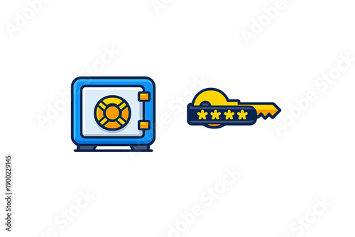 A blue safe with a combination lock and a key with hidden numbers on a white background showing security themes and protection concepts
