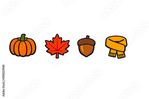 Seasonal symbols include pumpkin, maple leaf, acorn, and scarf representing fall activities and changes in nature