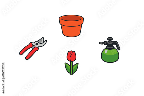Gardening tools and supplies for planting and caring for tulips in a pot during spring time in a home garden setting