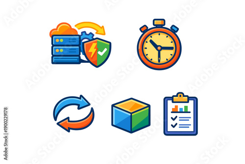Icons show data management, time tracking, and task updates in a digital workspace for productivity and efficiency