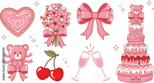 Set of Christmas bells and decorations with red bows and ribbons featuring a festive heart design for holiday greeting card illustrations