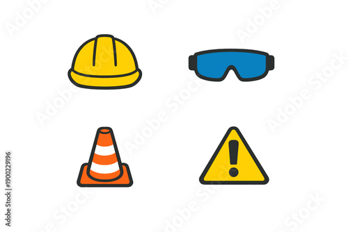 Safety equipment is shown including a hard hat, safety glasses, a traffic cone, and a caution sign for workers at a construction site or hazardous area during the daytime