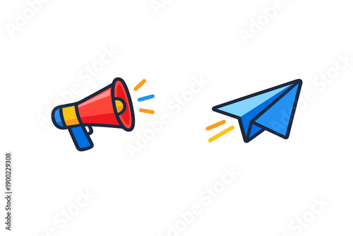 Megaphone and paper airplane symbolize communication methods in a digital age for sharing messages and ideas with others in various settings